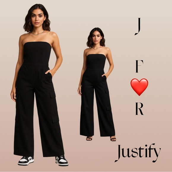 J for Justify Pants - J for Justify Cargo Black Strapless Jumpsuit Women’s Size Large NWT Boho pockets
